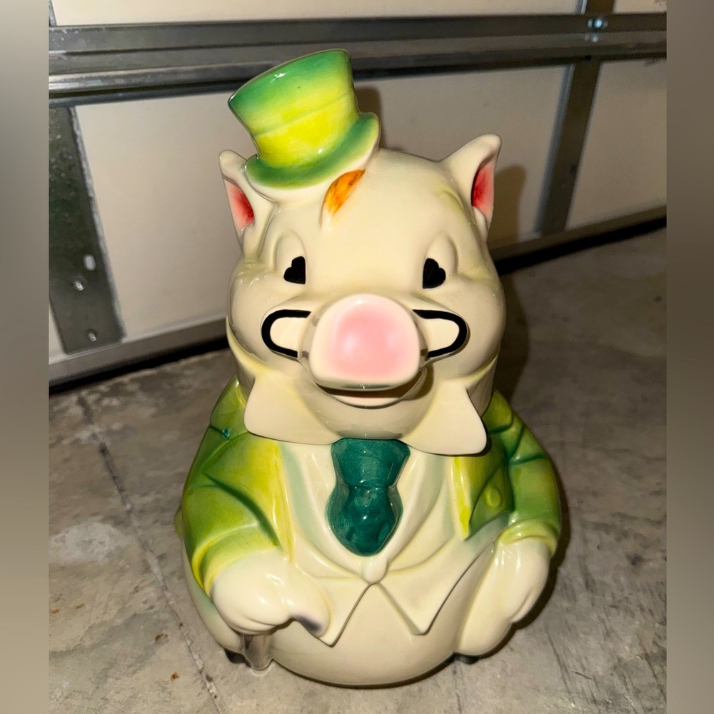 Ceramic Pig Cookie Jar with Green and Yellow Accents